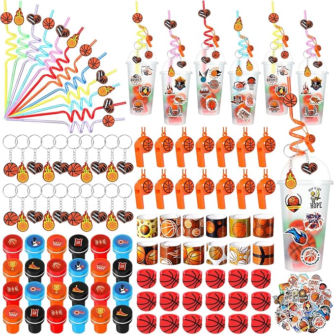 Aoriher 238 Pcs Basketball Party Favors Set Basketball Birthday Gift Basketball Cup Fillers with Straw Basketball Whistle Stamper Slap Bracelet Keychain Ring Tattoo Sticker for Sport Party Supplies
