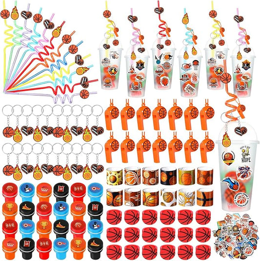Aoriher 238 Pcs Basketball Party Favors Set Basketball Birthday Gift Basketball Cup Fillers with Straw Basketball Whistle Stamper Slap Bracelet Keychain Ring Tattoo Sticker for Sport Party Supplies