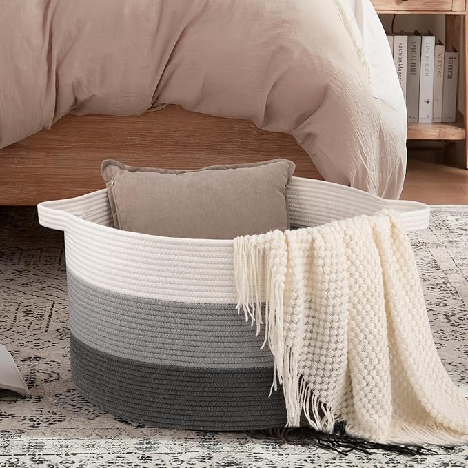 OIAHOMY 90L Blanket Basket for Living Room, Large Basket 23" x 23" x 13" with Handle, Laundry Hamper for Blankets, Pillows, Toy Storage for Kids, Dogs - Gardient Dark Grey