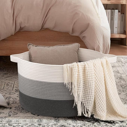 OIAHOMY 90L Blanket Basket for Living Room, Large Basket 23" x 23" x 13" with Handle, Laundry Hamper for Blankets, Pillows, Toy Storage for Kids, Dogs - Gardient Dark Grey