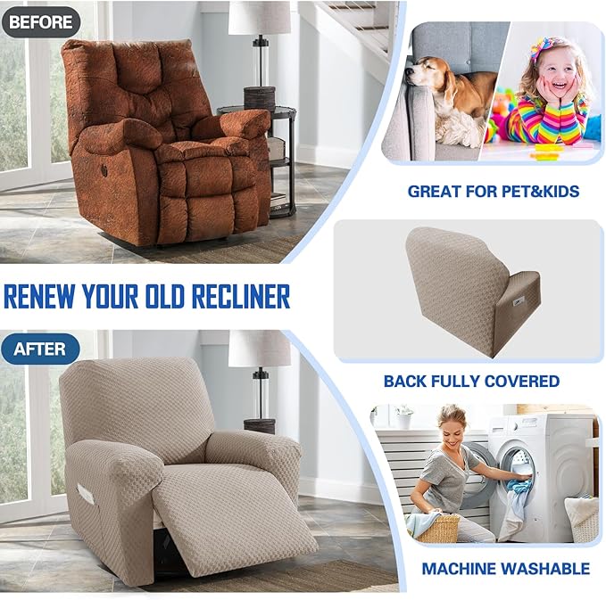 MAXIJIN Recliner Cover Slipcovers for Living Room 4 Pieces Stretch Jacquard Recliner Chair Cover Soft Fitted Recliner Protector with Elastic Bottom for Kids, Pets (Recliner, Khaki)