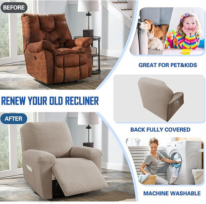 MAXIJIN Recliner Cover Slipcovers for Living Room 4 Pieces Stretch Jacquard Recliner Chair Cover Soft Fitted Recliner Protector with Elastic Bottom for Kids, Pets (Recliner, Khaki)