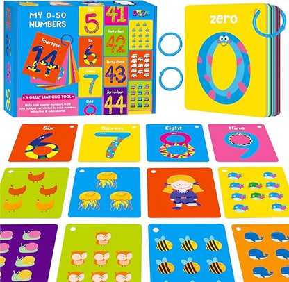 51 PCS Number Flashcards, 0-50 Double Sided Printed Cards with 2 Reclosable Rings, Learn Numbers, Learn to Count-Fun Learning and Educational Flashcards Learning Tool for Kids, Preschoolers, Toddlers