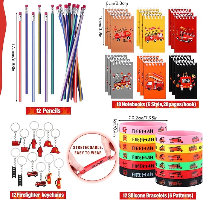 144 Pcs Firefighter Party Favors Fireman Themed Party Supplies Firemen Truck DIY Stickers Drawstring Bags Mini Notepads Silicone Wristbands Bracelets Keychain Button Pins Flexible Soft Pencil
