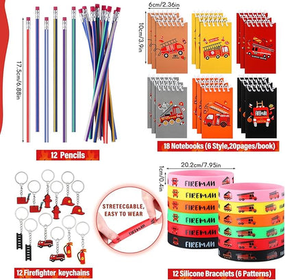144 Pcs Firefighter Party Favors Fireman Themed Party Supplies Firemen Truck DIY Stickers Drawstring Bags Mini Notepads Silicone Wristbands Bracelets Keychain Button Pins Flexible Soft Pencil
