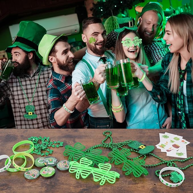 129 PCS St. Patricks Day Party Favors Set, St. Patrick's Day Accessories-Shamrock Glasses Necklaces Bracelets Tattoos Buttons Pins St. Patrick's Day Decorations Saint Patricks Day Party Supplies