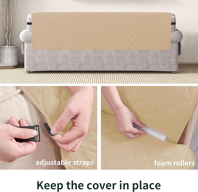 CHUN YI Water Resistant Couch Cover, Sofa Slipcover for 3 Cushion Sofa, Washable Sofa Cover with Adjustable Strap Storage Pocket for Living Room Dog Pet (Sofa, Sand)