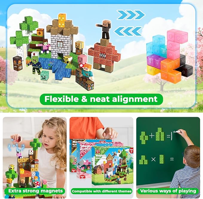 Magnetic Blocks - 164PCS Magnetic Building Blocks Cubes, Magnet Toys for Kids Age 3+, Toy Building Set for Kids, Magnets Stacking Construction Toys Easter Birthday Gifts for Boys Girls Age 4-8, 8-12