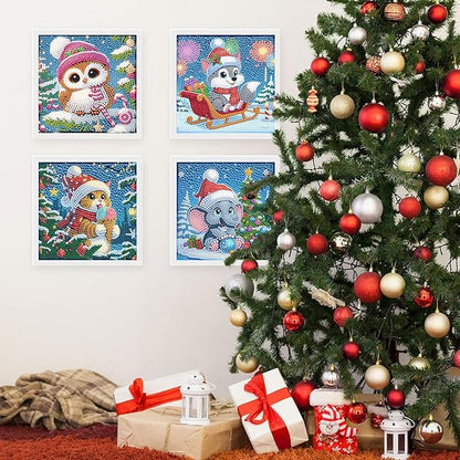 ajepon 4 Packs Christmas Diamond Art Kits for Kids Beginners-Cute Animals Diamond Painting Kits Without Frame,Cartoon Animal Diamond Painting Kits Full Drill Gem Art for Home Decor 6x6inch