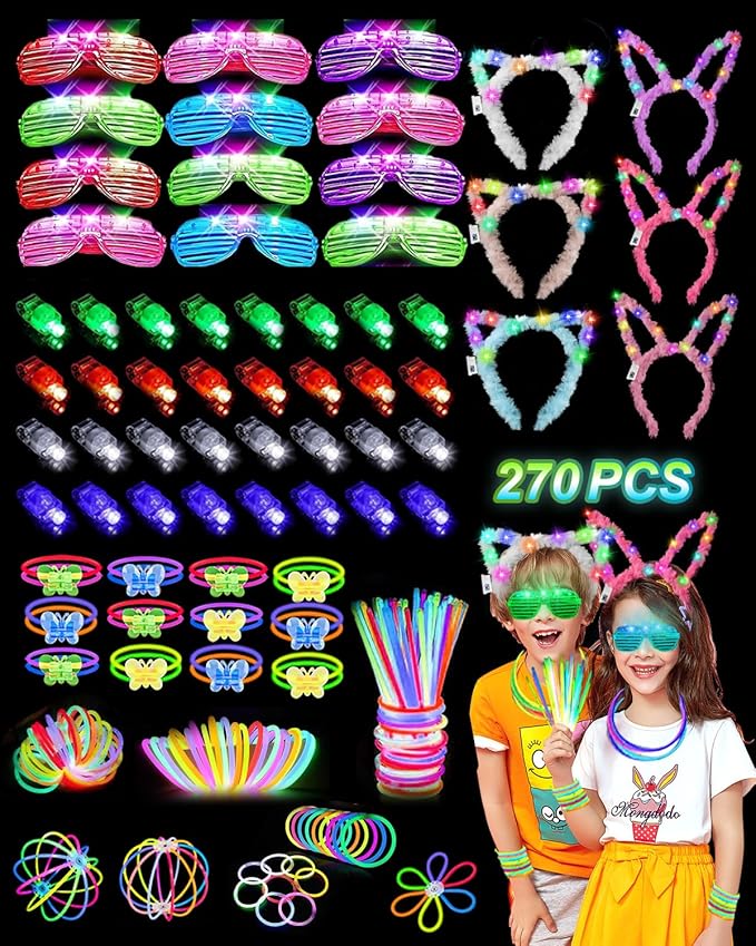 Glow in the Dark Party Supplies for Kids Adults, Glow Party Favors, Light Up Toys 100 Glow Sticks Bulk Party Pack, Bracelets LED Glasses Finger Lights Headband for Wedding Birthday New Year Halloween