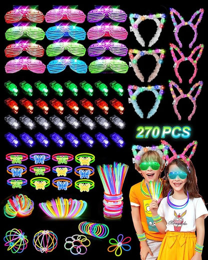 Glow in the Dark Party Supplies for Kids Adults, Glow Party Favors, Light Up Toys 100 Glow Sticks Bulk Party Pack, Bracelets LED Glasses Finger Lights Headband for Wedding Birthday New Year Halloween