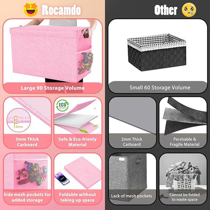 Large Toy Storage Box with Lid Divider, Sturdy Collapsible Toys Organizer Chest Kids Storage Bins Boxes Baskets for Boys, Girls, Nursery, Bedroom, Living Room, Playroom, 25"x13"x16", Pink