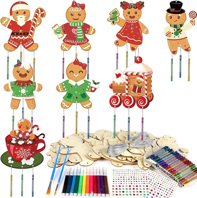 gisgfim 16 Pack Christmas Gingerbread Man Wind Chime Kits Crafts for Kids Make Your Own Wind Chime Wooden DIY Coloring Art Craft for Xmas Party School Classroom Decorations Supplies Birthday Favors