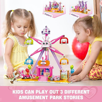 3 in 1 Easter Bunny Amusement Park Building Set, 823 PCS Rebuildable Ferris Wheel Rocking Hammer & Boat, Compatible with Lego Friends, Ideas Birthday Gift Toy for Kids Girls Age 6-12
