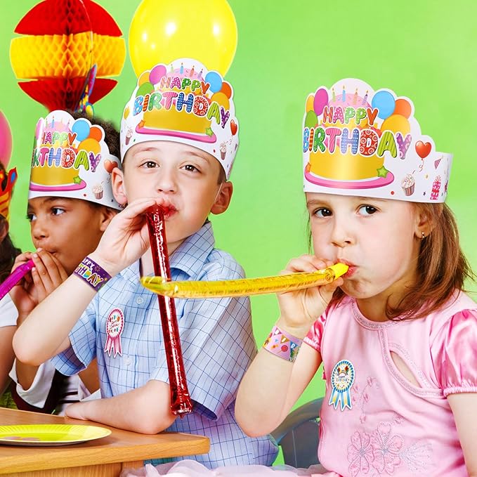 Yunsailing 108 Pcs Happy Birthday Party Supplies for Kids Include 36 Birthday Paper Crowns 36 Birthday Badge Stickers 36 Happy Birthday Slap Bracelets for Classroom School Party Supply (White Color)