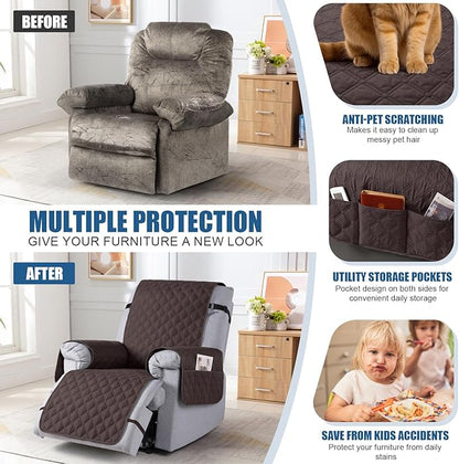 TAOCOCO 100% Waterproof Recliner Covers, Recliner Sofa Covers with Leg Straps, Reversible Recliner Couch Cover for Reclining Chair, Washable Couch Protector for Pets Kids(1 Seater 22", Chocolate)