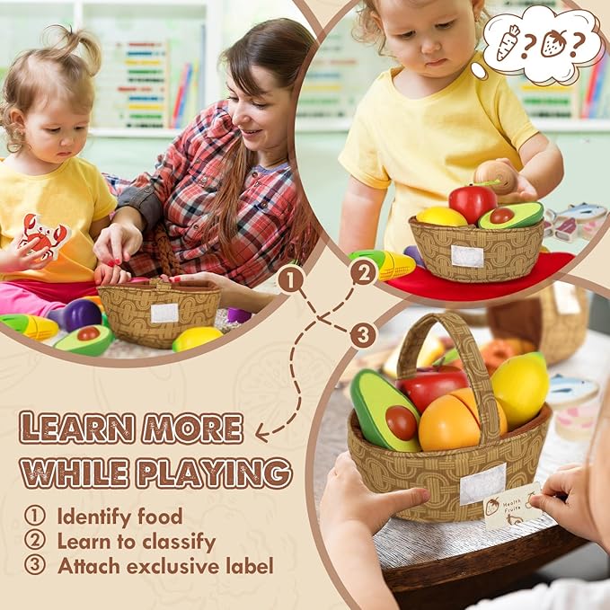 Lehoo Castle Wooden Play Food for Toddlers, Pretend Play Kitchen Accessories, 4 Food Groups, Montessori Sorting Toys for Toddlers 3-5, Cutting Fruits Toys for Boys Girls Kids Ages 4-8