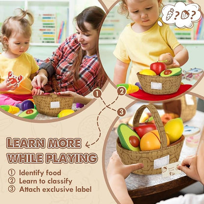 Lehoo Castle Wooden Play Food for Toddlers, Pretend Play Kitchen Accessories, 4 Food Groups, Montessori Sorting Toys for Toddlers 3-5, Cutting Fruits Toys for Boys Girls Kids Ages 4-8