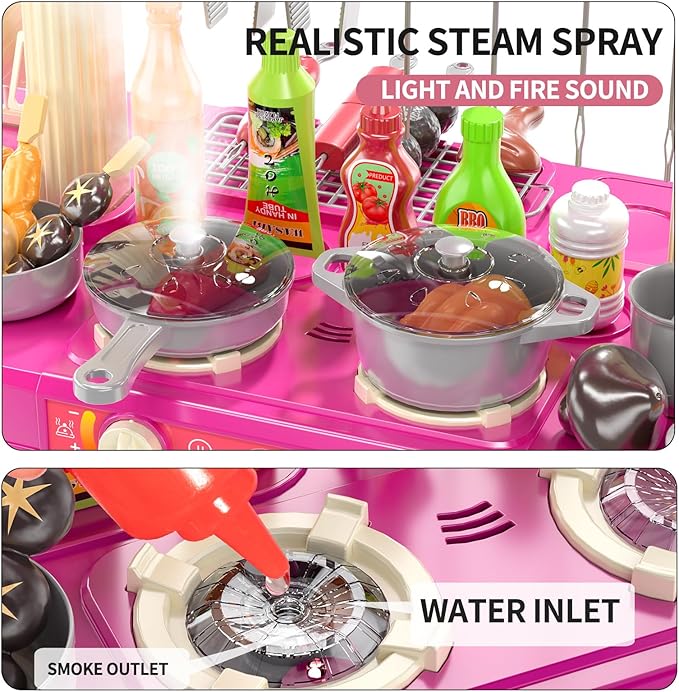 TEMI Kitchen Playset | 2-in-1 Kids Kitchen & Grill Playset, Play Kitchen with 60Pcs Toy Accessories Set, Real Sounds and Light | Pretend Play Set for 3+ Year Old Kids, Girls & Boys