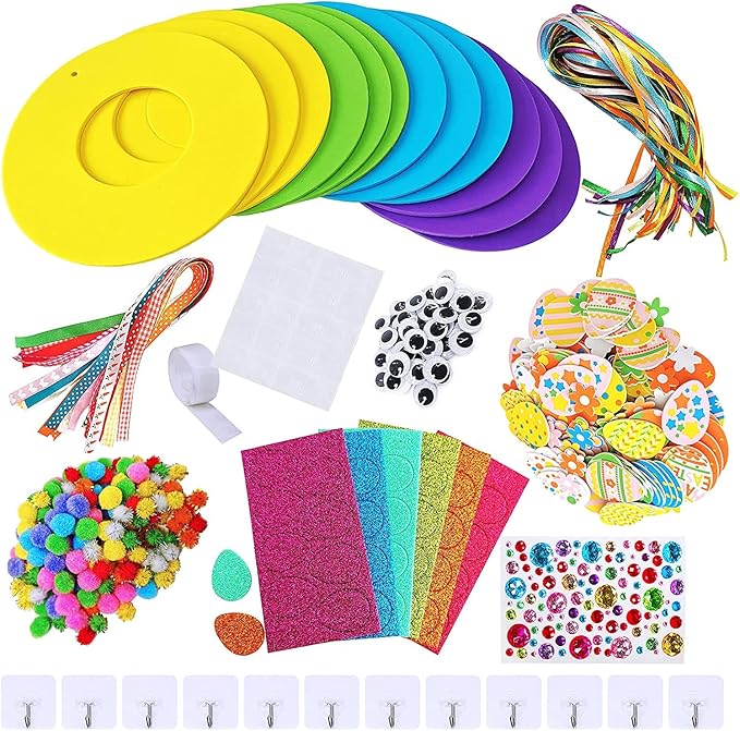 12 Sets Easter Wreath Signs Decorations DIY Foam Easter Craft Kits Easter Eggs Bunny Chick Foam Stickers Pom-Poms Googly Eyes for Kids Classroom Home Activity Art Project Gift Easter Front Door Décor