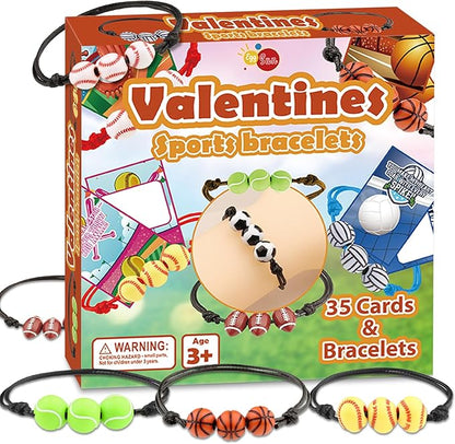 35 Packs Valentines Day Cards with Sports Bracelets for Classroom Gift Exchange Prizes, Valentine's Party Favors Toys for School Exchange Gifts Greeting Cards