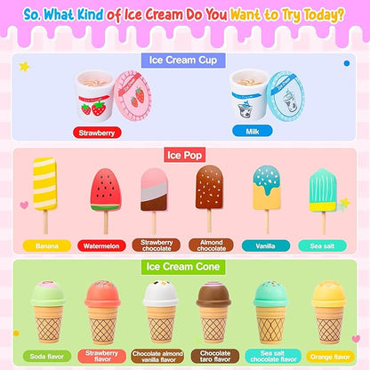 Meland Ice Cream Toy - Wooden Ice Cream Play Set with Aprons, Kids Toys for Toddlers Pretend Play, Toys for Girls Boys 3 4 5 6 7 Years Old Wooden Toys Play Store Playset for Kids Children Gift