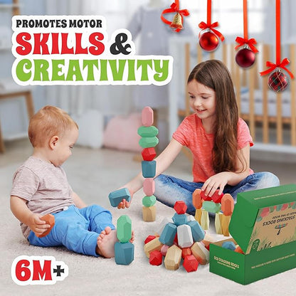 36 Pcs Wooden Stacking Blocks – Montessori Toys for 1 2 3 4 5 6 Year Old Toddlers and Kids, XL Rocks, No Choking Hazard – Sensory STEM Building Stones, for Girls and Boys