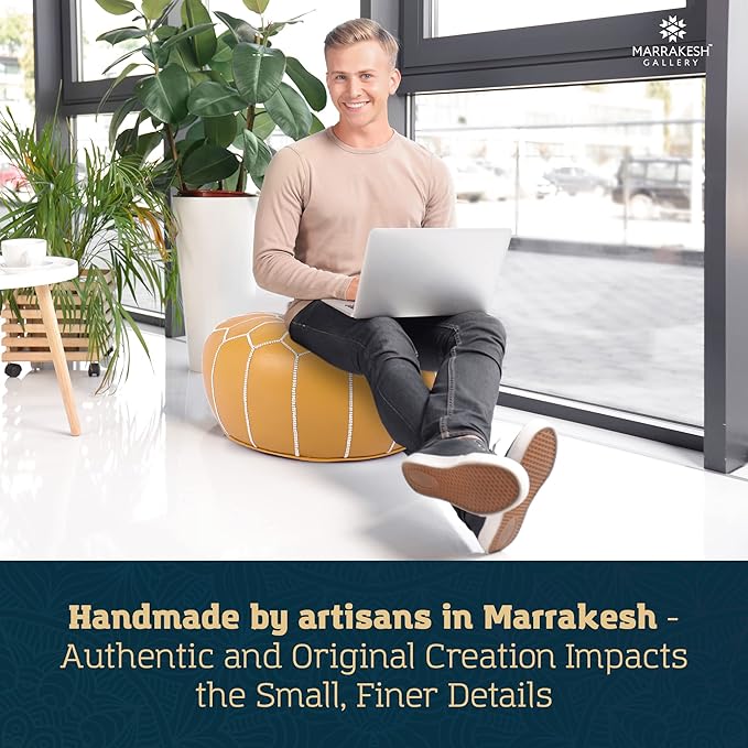 Marrakesh Gallery Genuine Leather Round Pouf Unstuffed - Moroccan Ottoman Footstool, Footrest Cover - Boho Decor - Bohemian Living Room, Bedroom, Kids Room, Gift & Wedding