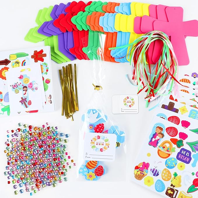 Qyeahkj 32 Sets Sunday School Foam Craft for Kids He is Risen Bookmark Craft DIY Easter Religious Craft Kit Easter Egg Bunny Foam Stickers Cross Craft for School Home Activities Party Favor