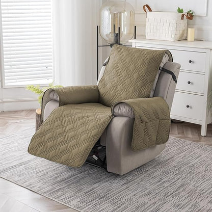 Easehomey 100% Waterproof Recliner Chair Covers, Non Slip Oversized Reclining Cover, Cover Furniture Protector Washable Chair Cover with Pocket,Elastic Straps for Kids,Pets,Dogs(Khaki,28")