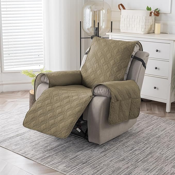 Easehomey 100% Waterproof Recliner Chair Covers, Non Slip Dog Chair Cover Furniture Protector Washable Chair Cover with Pocket, Elastic Straps for Kids,Pets,Dogs (Khaki, 23.6")