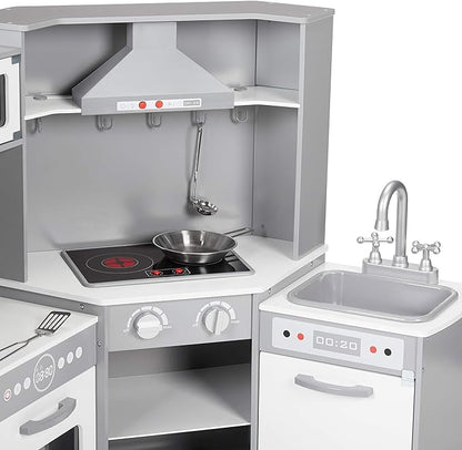 Amazon Basics Kids Corner Wooden Kitchen Toy Playset with Stove, Oven, Sink, Fridge and Accessories, for Toddlers, Preschoolers, Children Age 3+ Years, White & Gray, 39.37"L x 28.35"W x 35.04"H