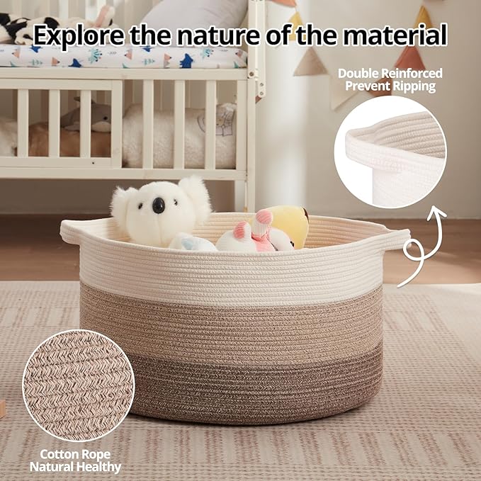 OIAHOMY 105L Blanket Basket for Living Room, Large Basket 23.6" x 23.6" x 14.6" with Handle, Laundry Hamper for Blankets, Pillows, Toy Storage for Kids, Dogs - Gradient Brown