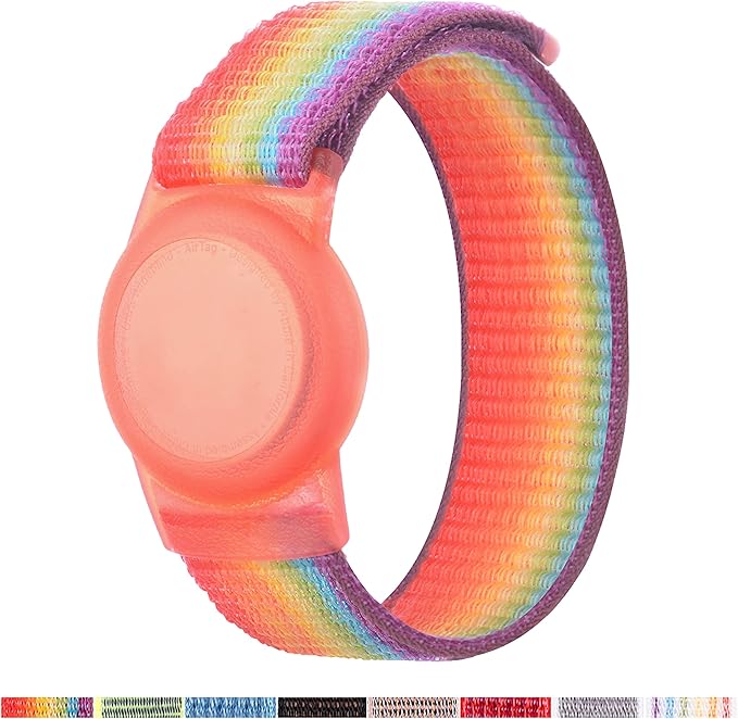 For AirTag Bracelet for Kids, Protective Cover for Apple Air Tag with Nylon Wristband, Anti Lost GPS Trackers Case Cover Elastic Watch Band for Toddlers Girls Boys Elders(Rainbow)
