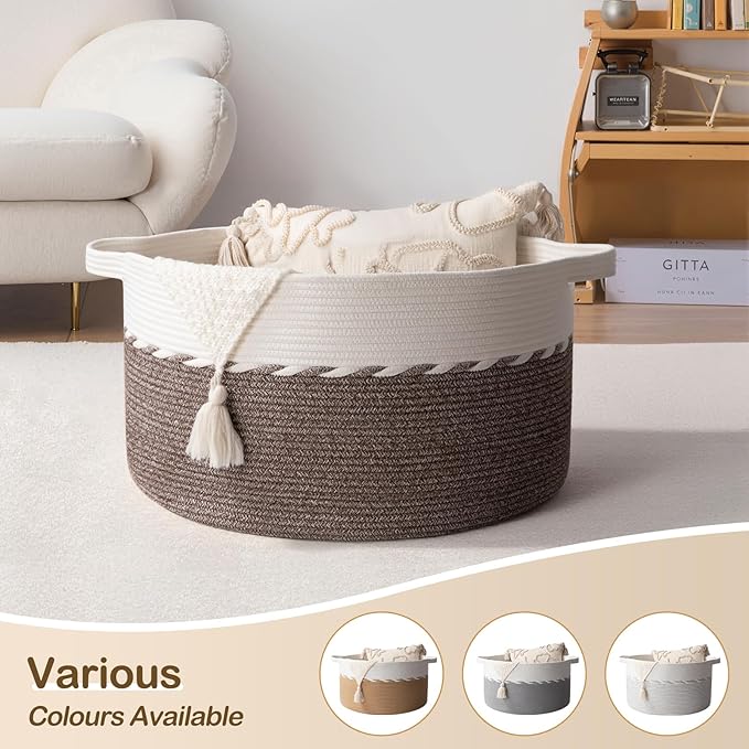 OIAHOMY 105L Blanket Basket for Living Room, Large Basket 23.6" x 23.6" x 14.6" with Handle, Laundry Hamper for Blankets, Pillows, Toy Storage for Kids, Dogs - Light Brown & White