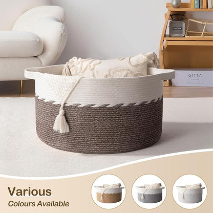 OIAHOMY 90L Blanket Basket for Living Room, Large Basket 23" x 23" x 13" with Handle, Laundry Hamper for Blankets, Pillows, Toy Storage for Kids, Dogs - Yellow & White