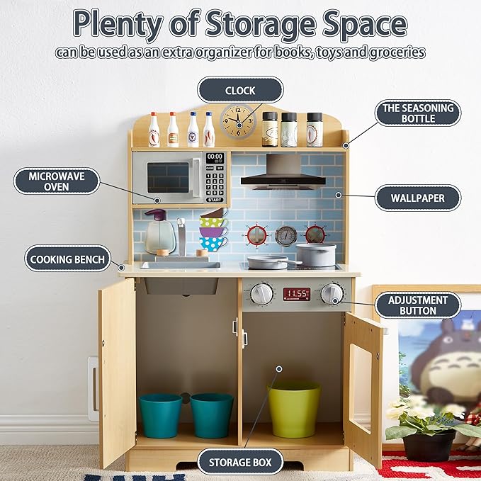 Play Kitchen for Kids, Wooden Toddlers Toy Kitchen Playset, Kitchen Cooking Set with Plenty of Play Features, Kitchen Pretend Play Set, Toys Kitchen with 13 Pcs Toy, Gift for Girls and Boys Ages 3+