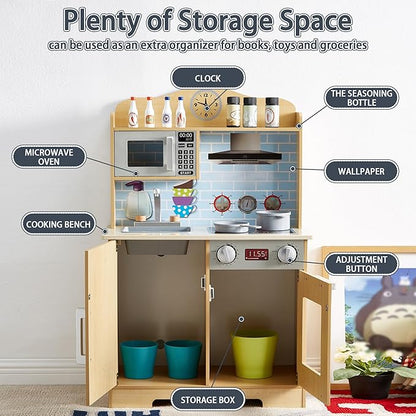 Play Kitchen for Kids, Wooden Toddlers Toy Kitchen Playset, Kitchen Cooking Set with Plenty of Play Features, Kitchen Pretend Play Set, Toys Kitchen with 13 Pcs Toy, Gift for Girls and Boys Ages 3+