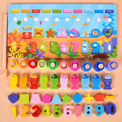Wooden alphanumeric Shapes Jigsaw Ring Count Classification Toys Math Shapes Building Blocks Toddler Learning Playboard Math Fishing Educational Toys Montessori Educational Toys (color3)