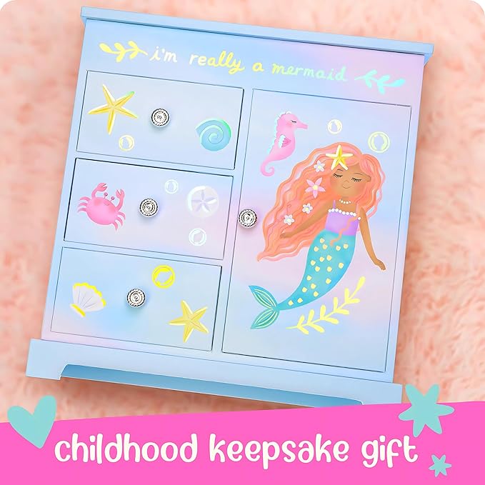 Mermaid Musical Jewelry Box for Girls - Kids Music Box with Drawers, Mermaid Gifts for Girls, Mermaid Jewelry Boxes for Ages 3-10 - 9 x 5 x 9.3 in,