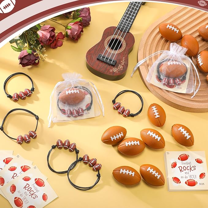 36 Sets Valentine's Day Football Gifts Mini Football Stress Balls Football Bracelets with Football Valentines Cards Football Team Gifts Party Favors for Valentine's Day Carnival Birthday