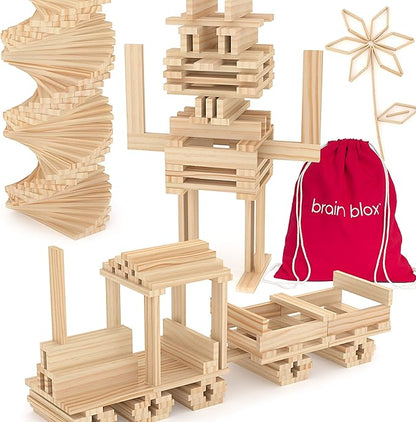 Natural Wooden Blocks for Kids Ages 4-8 - Montessori Blocks for Hands-on Learning - STEM and Architecture for Kids (100 Building Blocks)