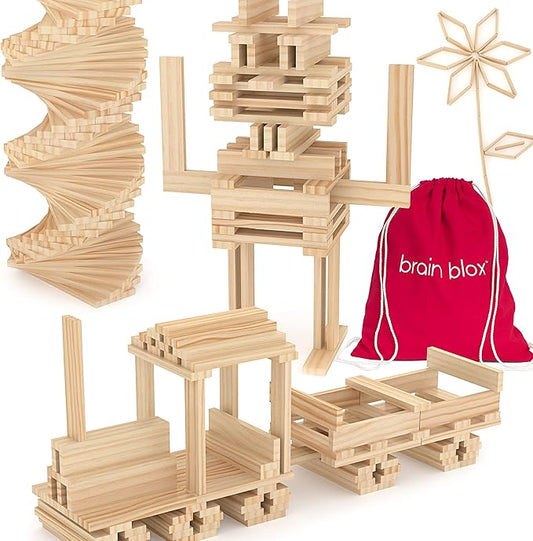 Natural Wooden Blocks for Kids Ages 4-8 - Montessori Blocks for Hands-on Learning - STEM and Architecture for Kids (100 Building Blocks)
