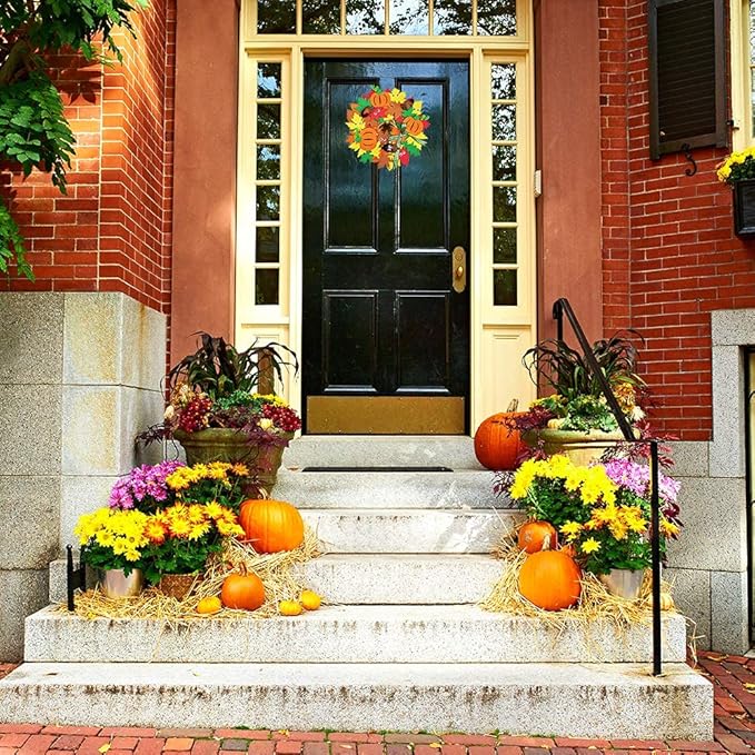 Supla 12 Kits 3D Pumpkin Fall Leaf Wreath Craft Kit DIY Thanksgiving Wreath with Maple Leaves Acorns Bows Wiggle Eyes for Kids Crafts Fall Thanksgiving Halloween Seasonal Decoration