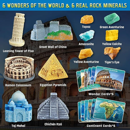 Ancient Wonders Dig Kit, Excavate 6 Famous Landmarks Figurines & 6 Rocks, with History Learning Cards, Wonders of The World Toy Archaeology Set, STEM Party Favor Gifts for Boys & Girls Age 6+