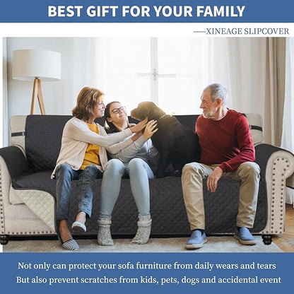 XINEAGE Quilted Sofa Cover Waterproof Couch Covers for 3 Cushion Couch, Super Soft Washable Slipcover with Pockets & Non-Slip Elastic Straps, Thick Furniture Protector (Sofa, Black)