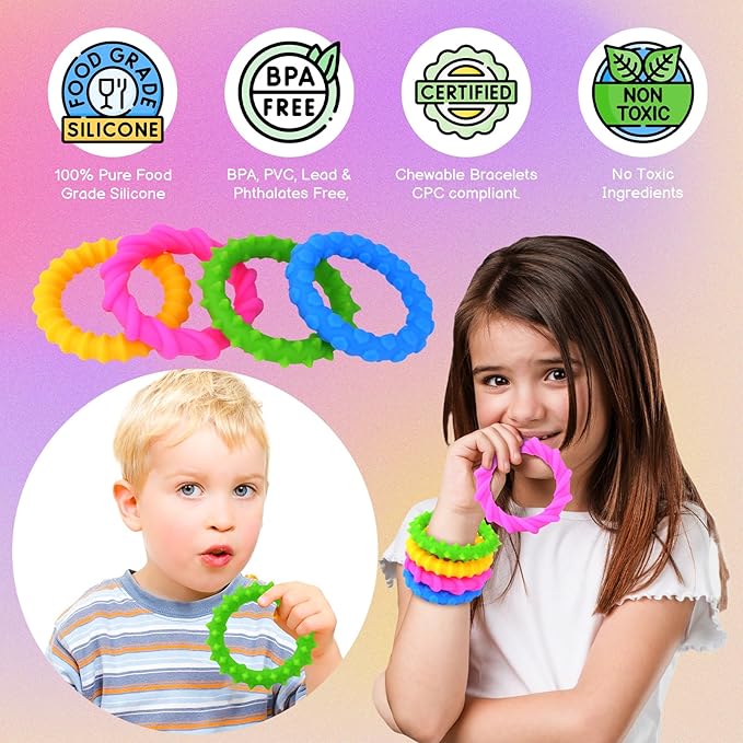 Sensory Fidget Toys Kids Toddlers - 4 Pack Chew Sensory Rubber Bracelet | Calming Autism Quiet Fidgets & Texture Anxiety Silent Toys for Classroom Prizes | Gifts Christmas Stocking Stuffers for Kids