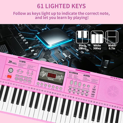Kids Keyboard 61 Keys, Beginner Electronic Piano with One-Key Teaching 100 Tones & Rhythms, Portable Music Keyboard for Children with Microphone, Music Stand [Pink, Piano with Stand]