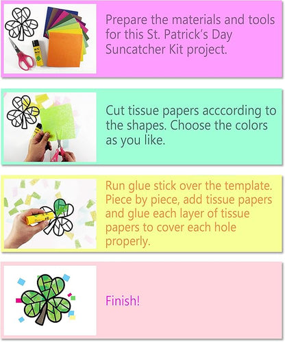 VHALE Suncatchers Craft 3 Sets (9 Cutouts) w Tissue Papers Stained Glass Effect Paper Sun Catcher Kit, Window Art, Classroom Crafts, Creative Art Projects, Kids Party Favors (St. Patrick's Day)