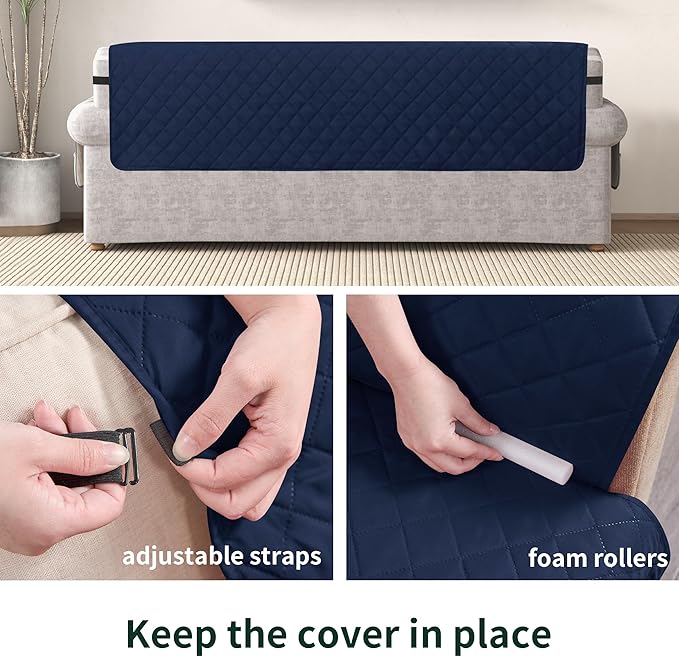 CHUN YI Couch Cover, Water Resistant Slipcover for 3 Cushion Sofa, Reversible Washable Sofa Cover with Adjustable Strap Storage Pocket for Living Room Dog Pet (Sofa, Navy)